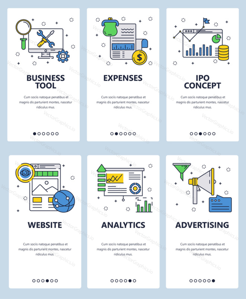 Vector set of mobile app onboarding screens. Business tools, Expenses, IPO concept, Website, Analytics, Advertising web templates and banners. Thin line art style design icons for website menu.