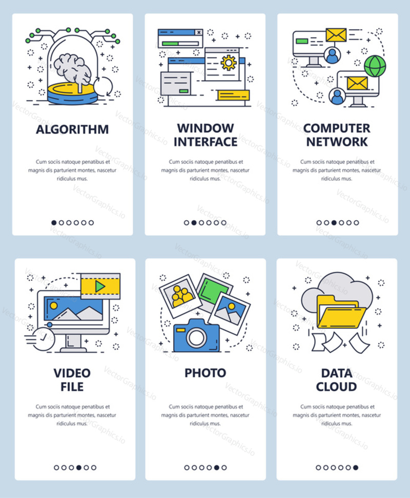 Векторный веб-сайт linear art onboarding screens template. Компьютерные услуги, облачное хранилище данных и обмен фотографиями. Баннеры меню для разработки веб-сайтов и мобильных приложений. Современный дизайн плоская иллюстрация