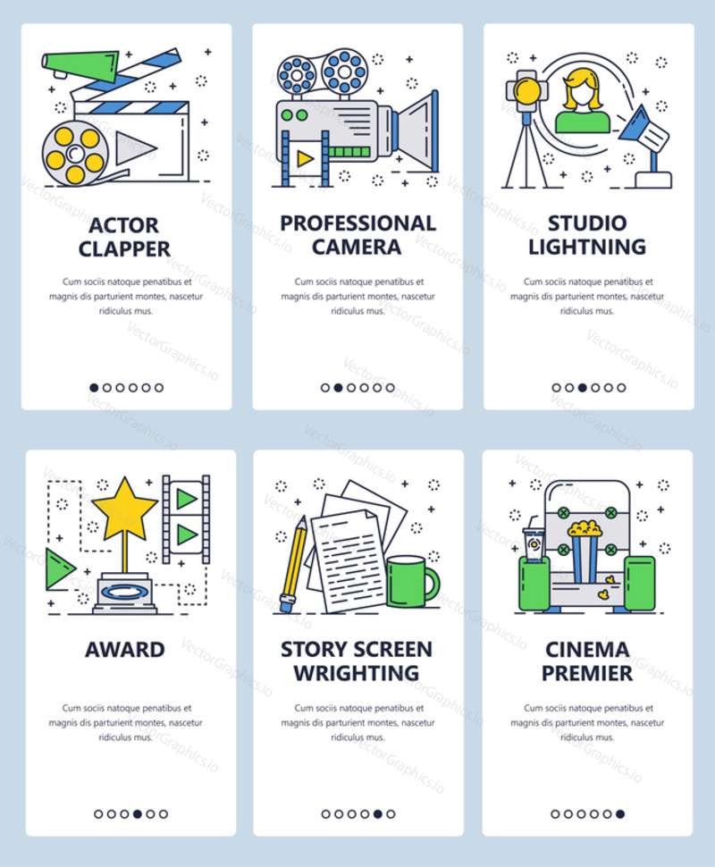 Vector web site linear art onboarding screens template. Movie industry objects, studo and cinema. Menu banners for website and mobile app development. Modern design flat illustration