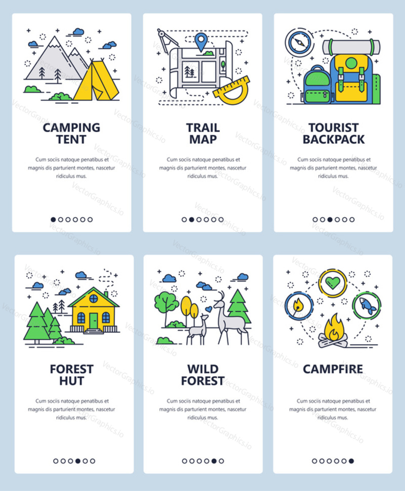 Векторный веб-сайт linear art onboarding screens template. Открытый кемпинг и пешие прогулки. Рюкзак, костер, лесная тропа. Баннеры меню для разработки веб-сайтов и мобильных приложений