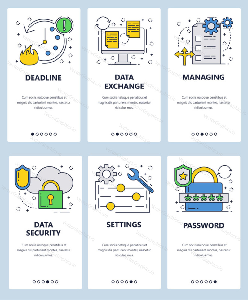 Векторный веб-сайт linear art onboarding screens template. Крайний срок реализации проекта. Баннеры меню передачи и хранения файлов безопасности данных для разработки веб-сайтов и мобильных приложений.