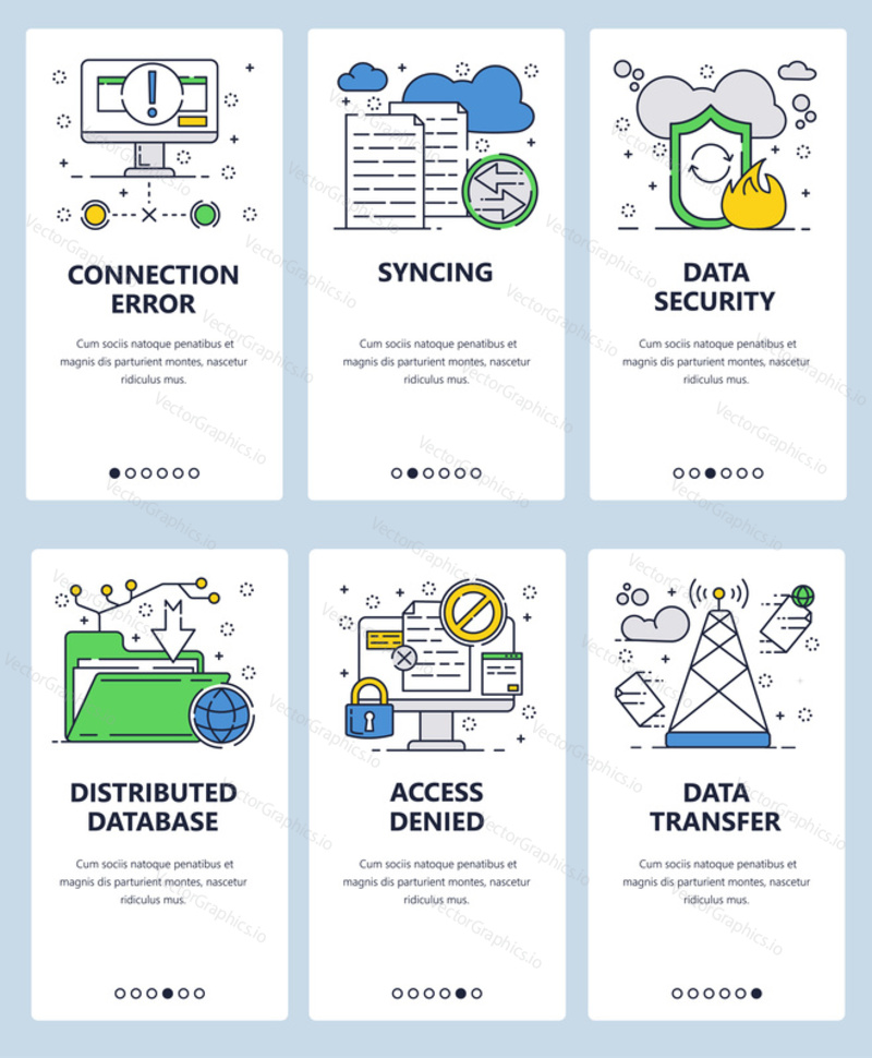 Vector web site linear art onboarding screens template. Data security and files sharing, transfer. Menu banners for website and mobile app development.