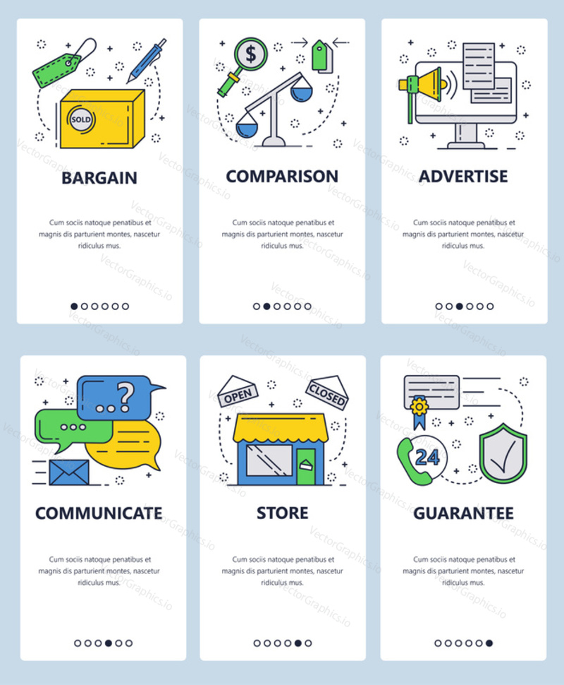 Vector web site linear art onboarding screens template. Shopping and sales advertisement. Call center and chat support. Menu banners for website and mobile app development.