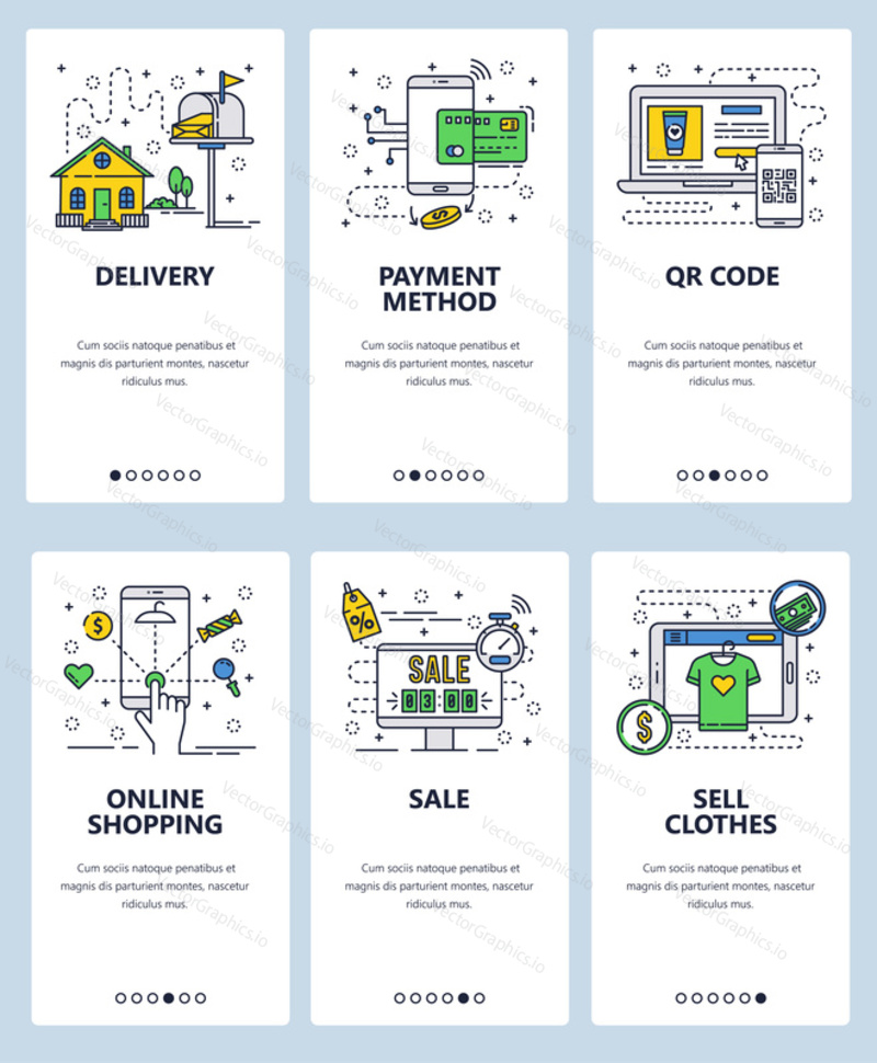 Векторный веб-сайт linear art onboarding screens template. Интернет-магазины и сезонные распродажи. Подтверждение QR-кода, интернет-платежи и доставка. Баннеры меню для разработки веб-сайтов и мобильных приложений