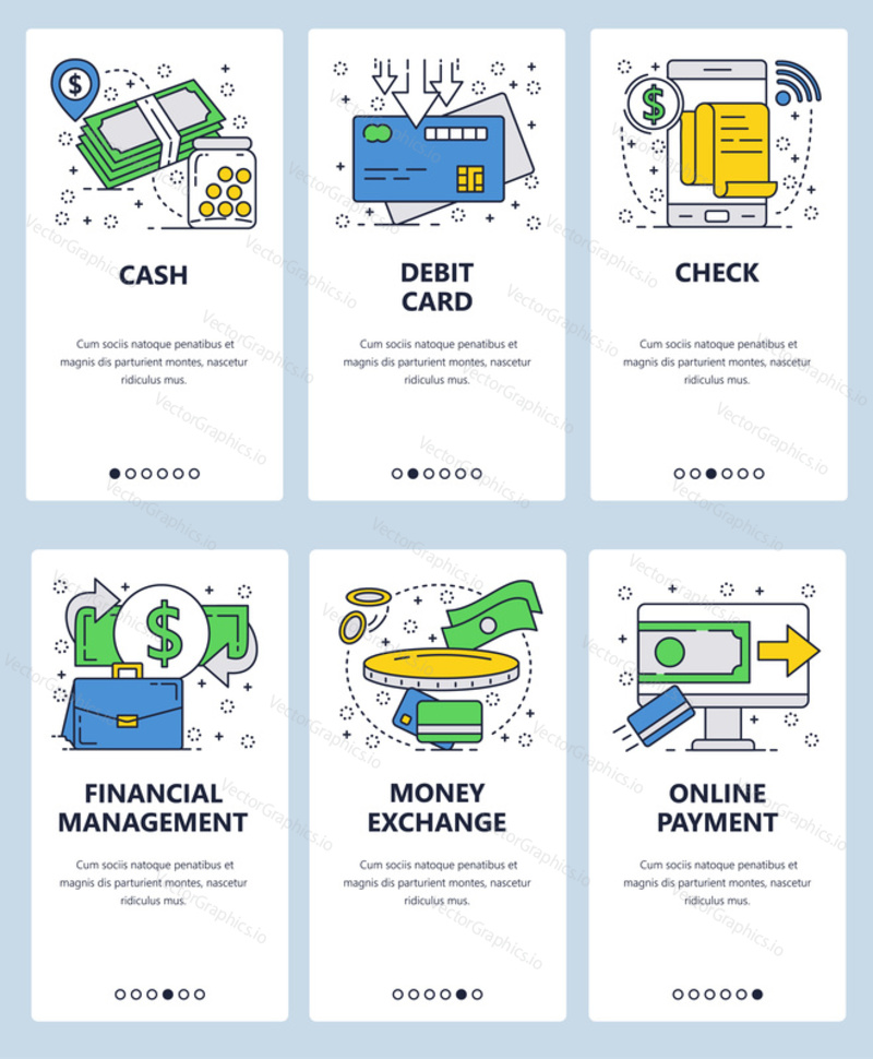 Векторный веб-сайт linear art onboarding screens template. Значки бизнеса и финансов. Денежные переводы и онлайн-платежи по кредитным картам. Баннеры меню для разработки веб-сайтов и мобильных приложений.