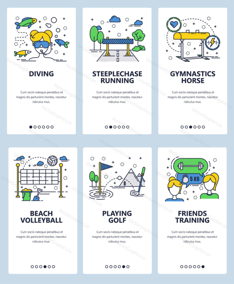 Vektor webové stránky lineární umění onboarding obrazovky šablony. Sportovní a fitness ikony. Potápění, plážový volejbal, běh a golf. Bannery nabídky pro vývoj webových stránek a mobilních aplikací