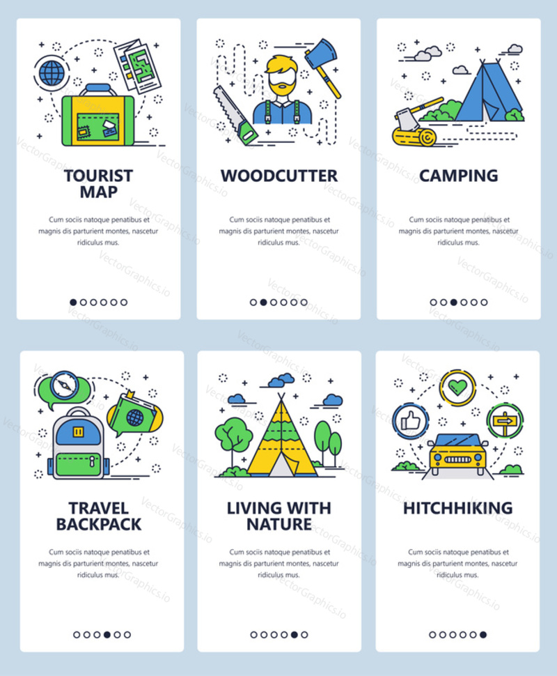 Векторный веб-сайт linear art onboarding screens template. Путешествия на открытом воздухе, пешие прогулки и кемпинг. Дровосек, туристическая карта и автостоп. Баннеры меню для разработки веб-сайтов и мобильных приложений