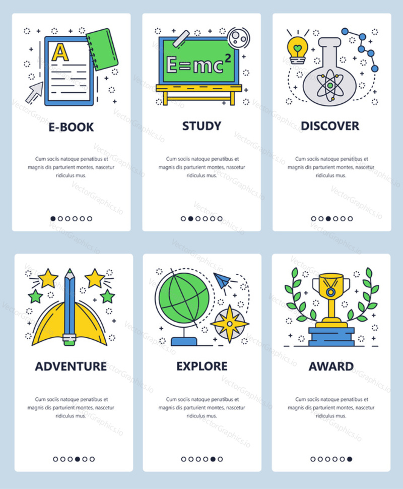 Векторный веб-сайт linear art onboarding screens template. Школьное образование и электронные книги. Приключения и исследование мира. Баннеры меню для разработки веб-сайтов и мобильных приложений.