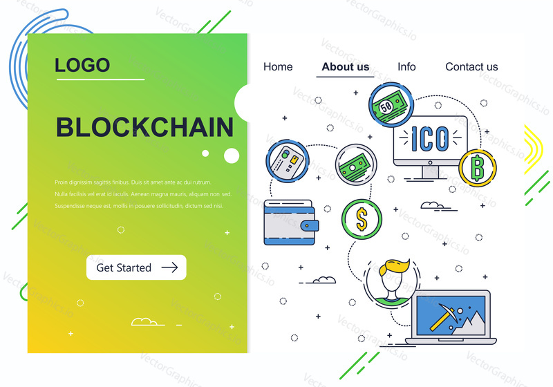 Vector web site linear art design template. Blockchain technology and bitcoin cryptocurrency. ICO and crypto mining. Landing page concepts for website and mobile development. Modern flat illustration