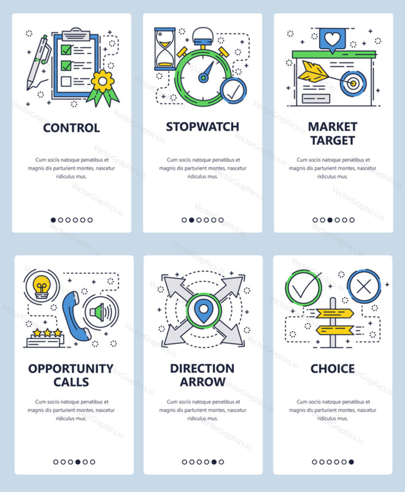 Векторный веб-сайт linear art onboarding screens template. Значки маркетинга и продаж. Целевой рынок и холодные звонки. Баннеры меню для разработки веб-сайтов и мобильных приложений.