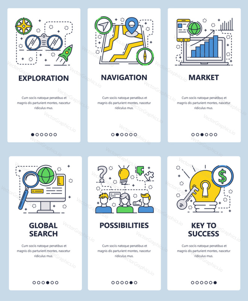 Vector web site linear art onboarding screens template. Exploration, navigation and market research icons. Menu banners for website and mobile app development.