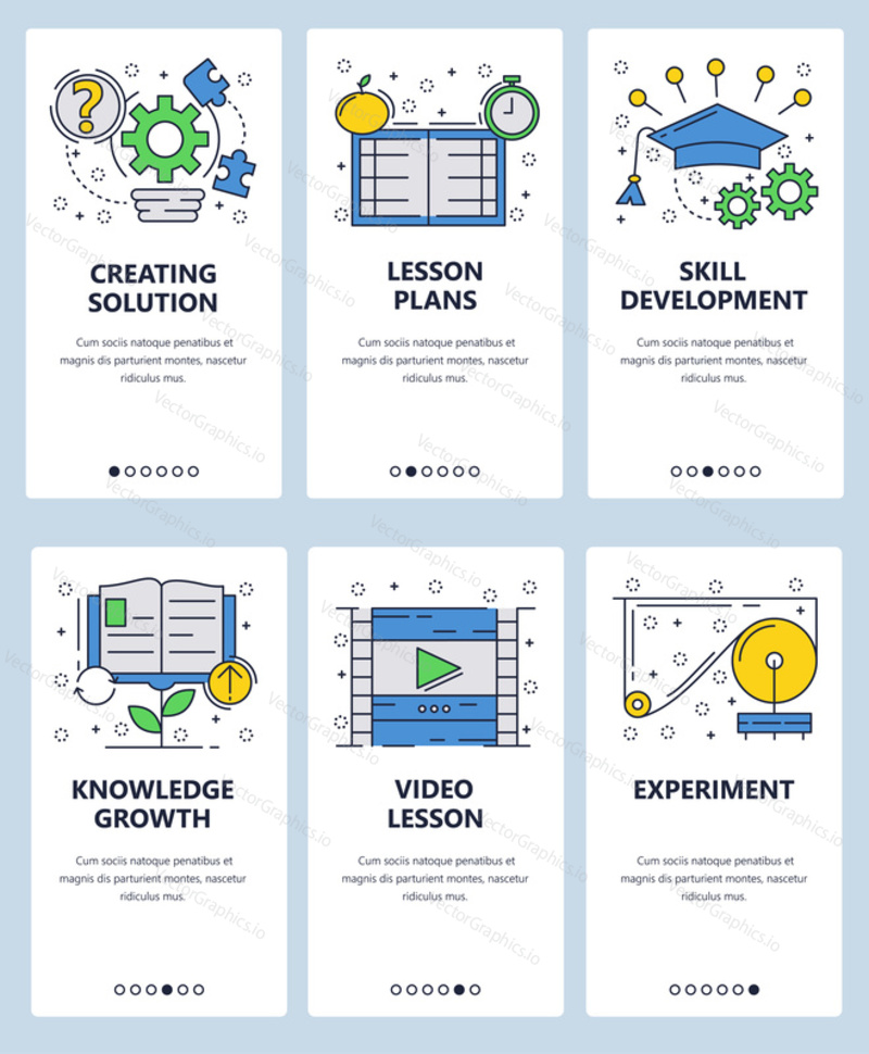 Vector web site linear art onboarding screens template. School lessons and online education. Video course traning. Menu banners for website and mobile app development.