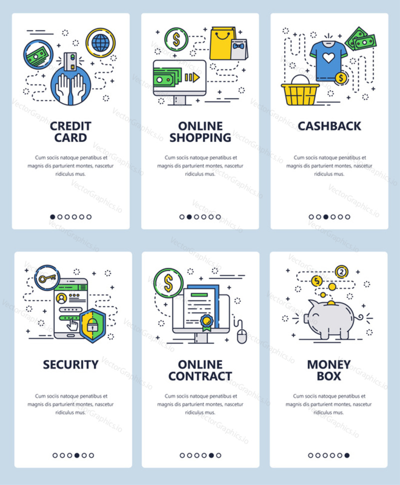 Векторный веб-сайт linear art onboarding screens template. Онлайн-шопинг и безопасные интернет-платежи. Кэшбэк, кредитная карта и копилка денег. Баннеры меню для разработки веб-сайтов и мобильных приложений.