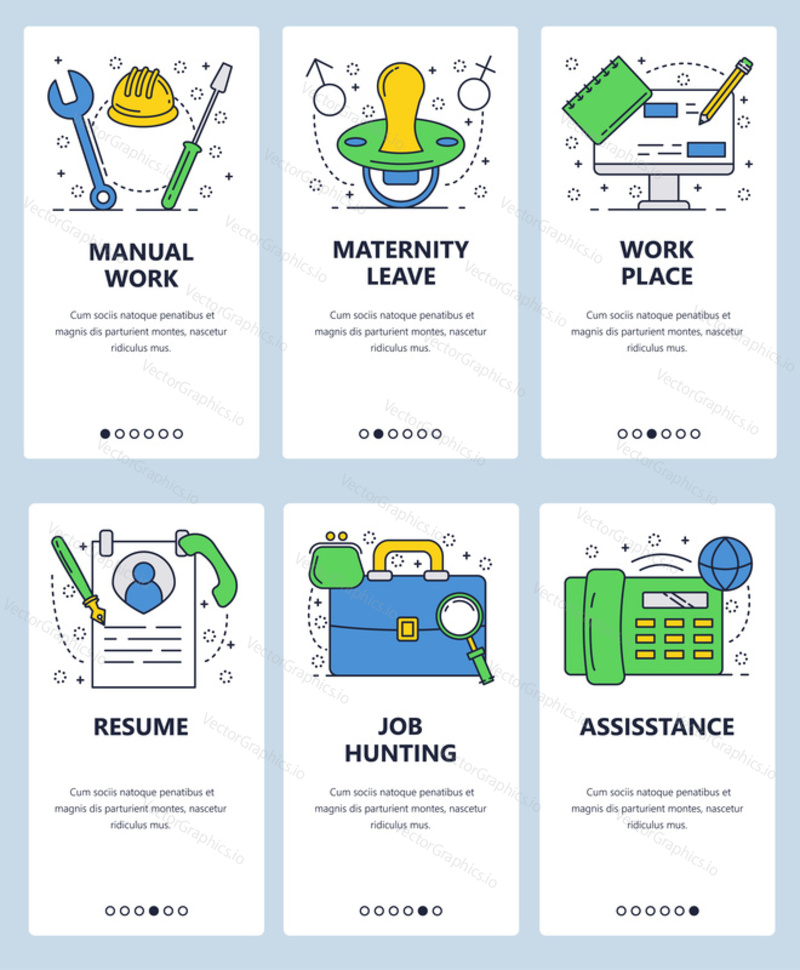 Vector web site linear art onboarding screens template. Construction worker tools, cv, briefcase and phone. Menu banners for website and mobile app development.