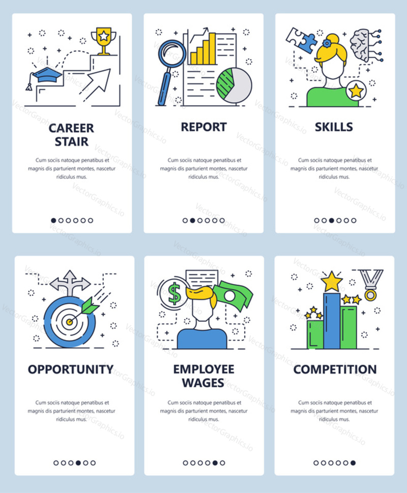 Vector web site linear art onboarding screens template. Carrer ladder and employee competition. Career opportunities and race. Menu banners for website and mobile app development