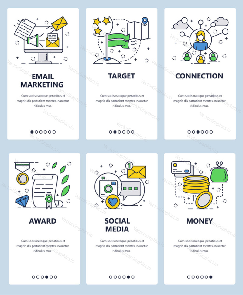 Vector web site linear art onboarding screens template. Email and social media marketing. People network. Menu banners for website and mobile app development.