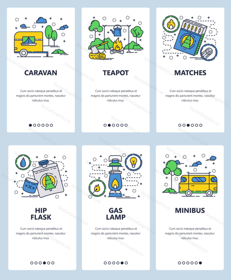 Vector web site linear art onboarding screens template. Outdoor camping and travel by camper caravan car. Menu banners for website and mobile app development.