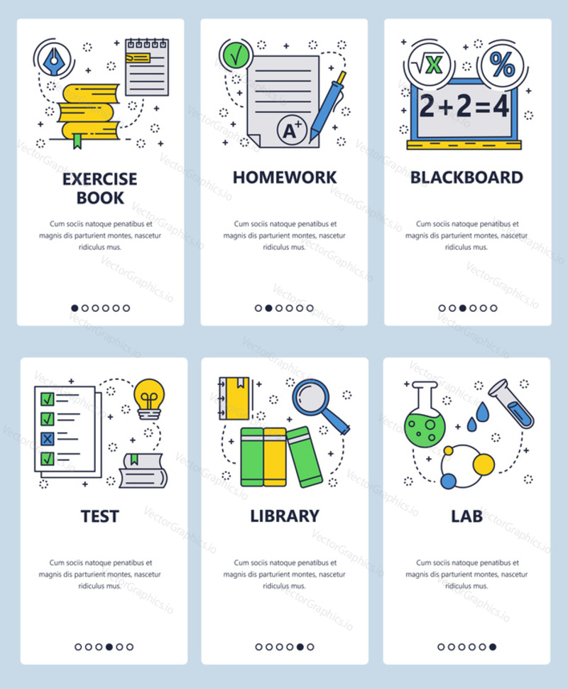 Векторный веб-сайт linear art onboarding screens template. Школьное образование, библиотека, книги и химическая лаборатория. Математическое уравнение на доске и результаты тестов. Баннеры меню для разработки веб-сайтов и мобильных приложений.