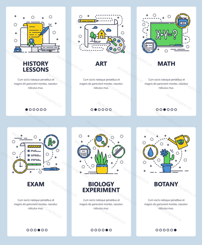 Векторный веб-сайт linear art onboarding screens template. Школьные учебные предметы. Тесты и уроки по истории, искусству, математике, биологии. Баннеры меню для разработки сайтов и мобильных приложений