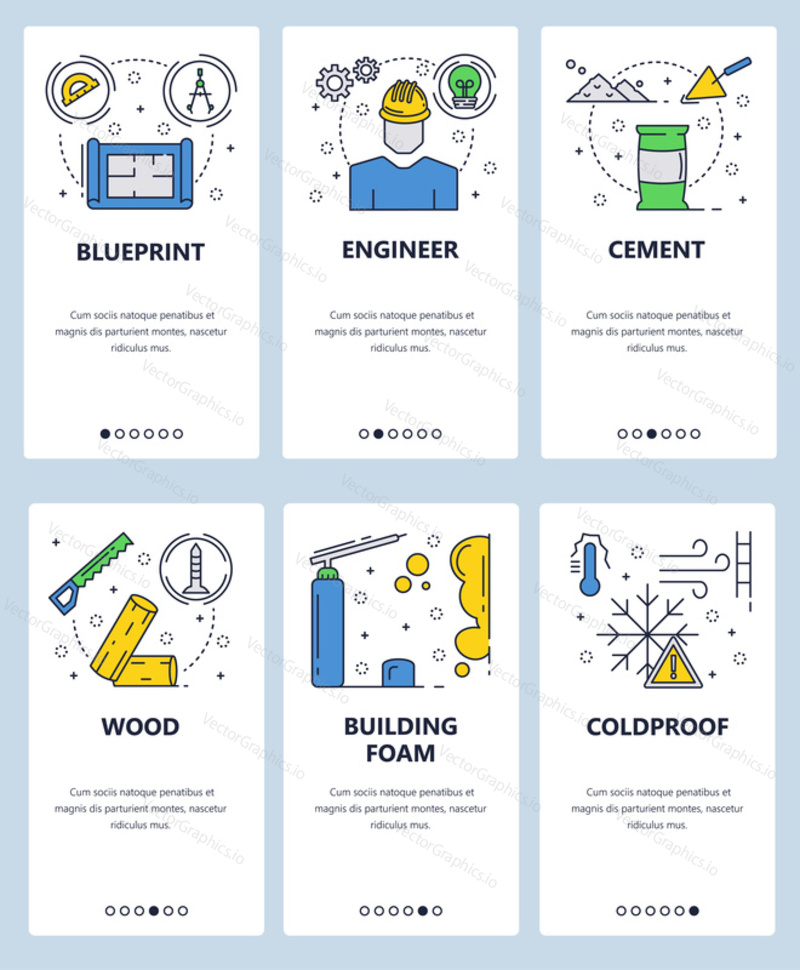 Vector web site linear art onboarding screens template. Building construction objects, engineer, blueprint, foam, cement. Menu banners for website and mobile app development.