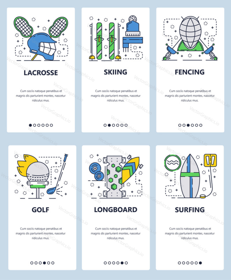 Векторный веб-сайт linear art onboarding screens template. Профессиональные спортивные значки, лакросс, гольф, лыжи, фехтование, лонгборд и серфинг. Баннеры меню для разработки веб-сайтов и мобильных приложений.