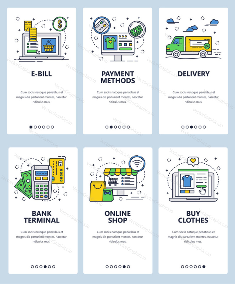 Векторный веб-сайт linear art onboarding screens template. Интернет-магазины и интернет-платежи. Деньги и банковский терминал. Баннеры меню для разработки веб-сайтов и мобильных приложений.
