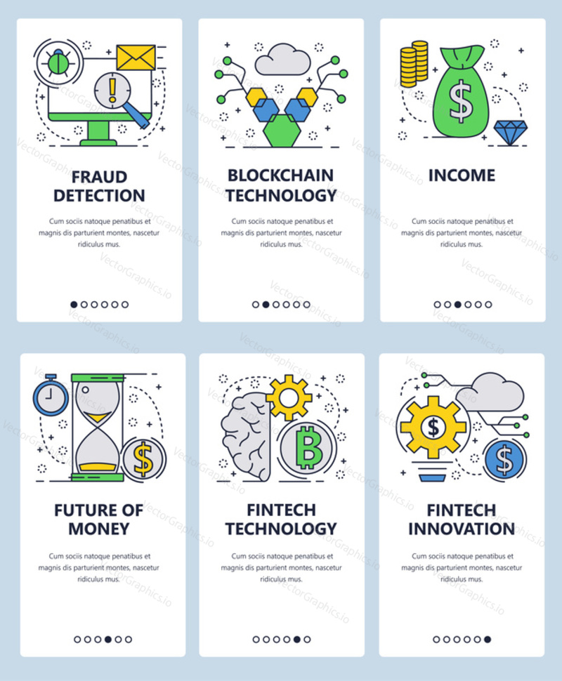 Векторный веб-сайт linear art onboarding screens template. Финтех-инновации и блокчейн-технологии. Выявление финансового мошенничества и будущее денег. Баннеры меню для разработки сайтов и мобильных приложений