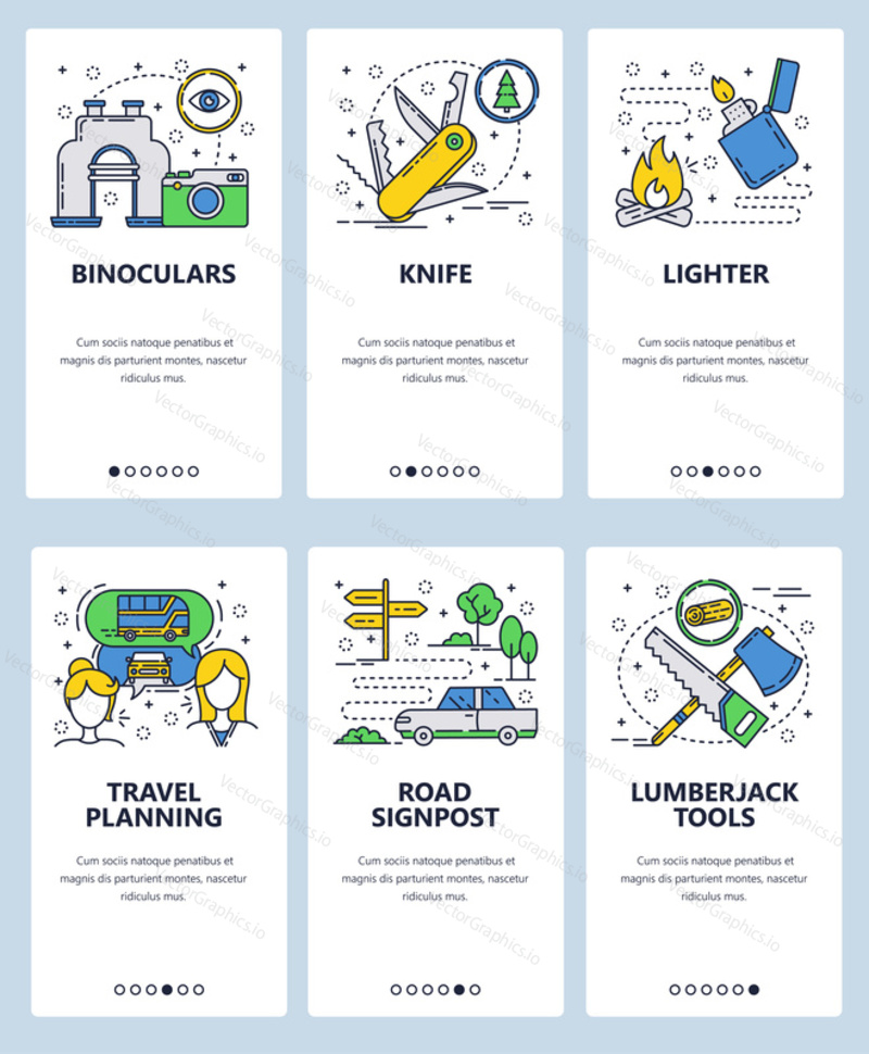 Векторный веб-сайт linear art onboarding screens template. Планирование путешествий и отдых на открытом воздухе в кемпинге. Бинокль, нож, зажигалка и инструменты лесоруба. Баннеры меню для разработки веб-сайтов и мобильных приложений.