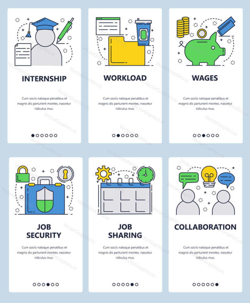 Vector web site linear art onboarding screens template. Job, intenship and team collaboration. Menu banners for website and mobile app development.