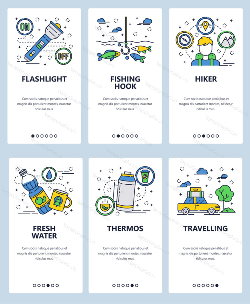 Векторный веб-сайт linear art onboarding screens template. Открытый кемпинг, пешие прогулки и рыбалка иконки. Фонарик, термос, бутылка с водой. Баннеры меню для разработки веб-сайтов и мобильных приложений.