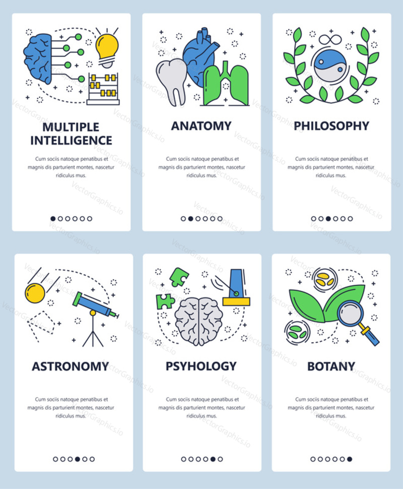 Векторный веб-сайт linear art onboarding screens template. Школьные и научные предметы: анатомия, философия, астрономия, ботаника. Баннеры меню для разработки веб-сайтов и мобильных приложений.