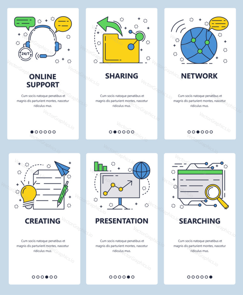 Векторный веб-сайт linear art onboarding screens template. Интернет-сервисы, обмен данными, поиск и создание презентаций. Баннеры меню для разработки веб-сайтов и мобильных приложений
