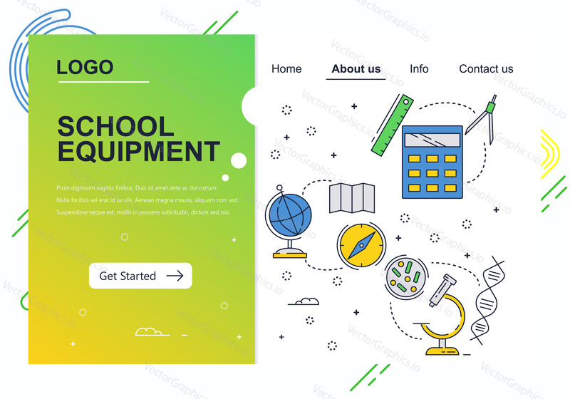 Vector web site linear art design template. School accessories. Education subjects, biology, math, medicine. Landing page concepts for website and mobile development.