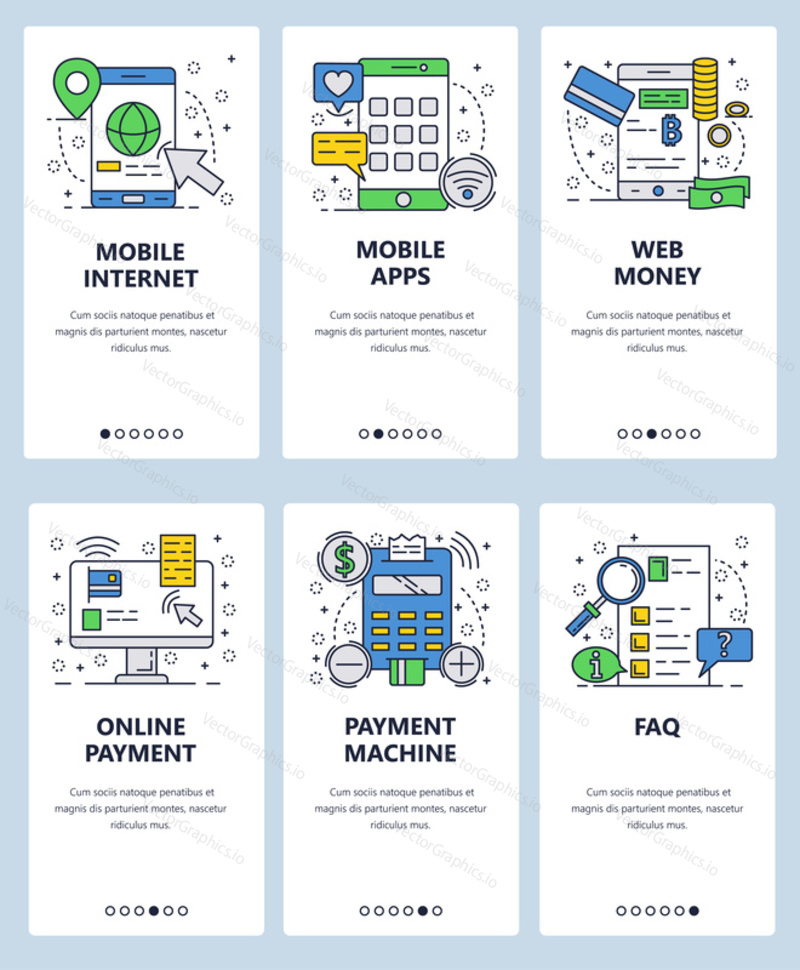 Vector web site linear art onboarding screens template. Mobile apps and internet online money payments. Menu banners for website and mobile app development