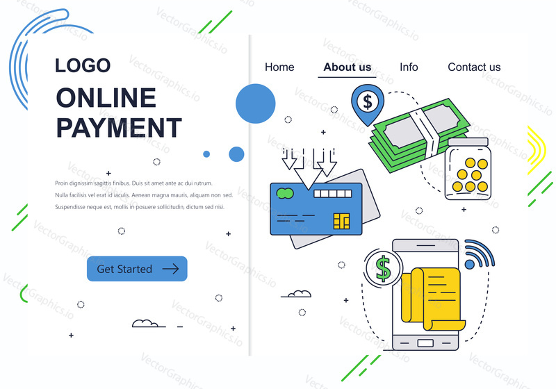 Vector web site linear art design template. Online money payment and new banking technology. Fintech concept. Landing page for website and mobile development. Modern flat illustration