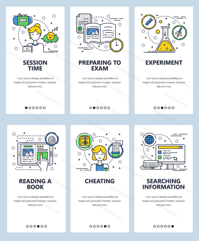 Vector web site linear art onboarding screens template. Preparing to exam in college. Reading online book. Menu banners for website and mobile app development. design flat illustration