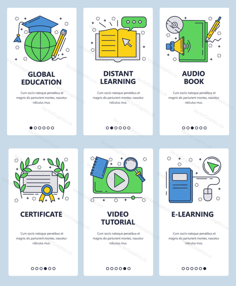 Vector web site linear art onboarding screens template. Online education and e-learning. Video tutorials and courses. Menu banners for website and mobile app development.