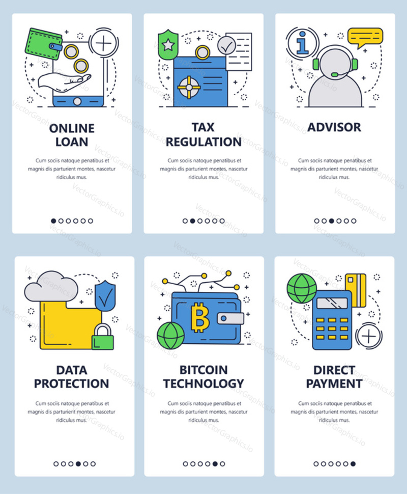 Vektor webové stránky lineární umění onboarding obrazovky šablony. Finanční služby a online digitální peníze, bitcoin, úvěr, Účetní Poradce. Menu bannery pro webové stránky a vývoj mobilních aplikací.