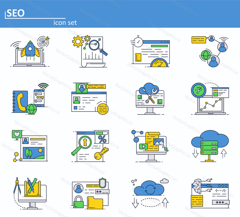 Векторный набор SEO-оптимизации и цифрового интернет-маркетинга. Онлайн-сервисы, облачные хранилища и социальные сети. иконки в стиле тонких линий. Пользовательский интерфейс веб-сайта и значок мобильного веб-приложения.