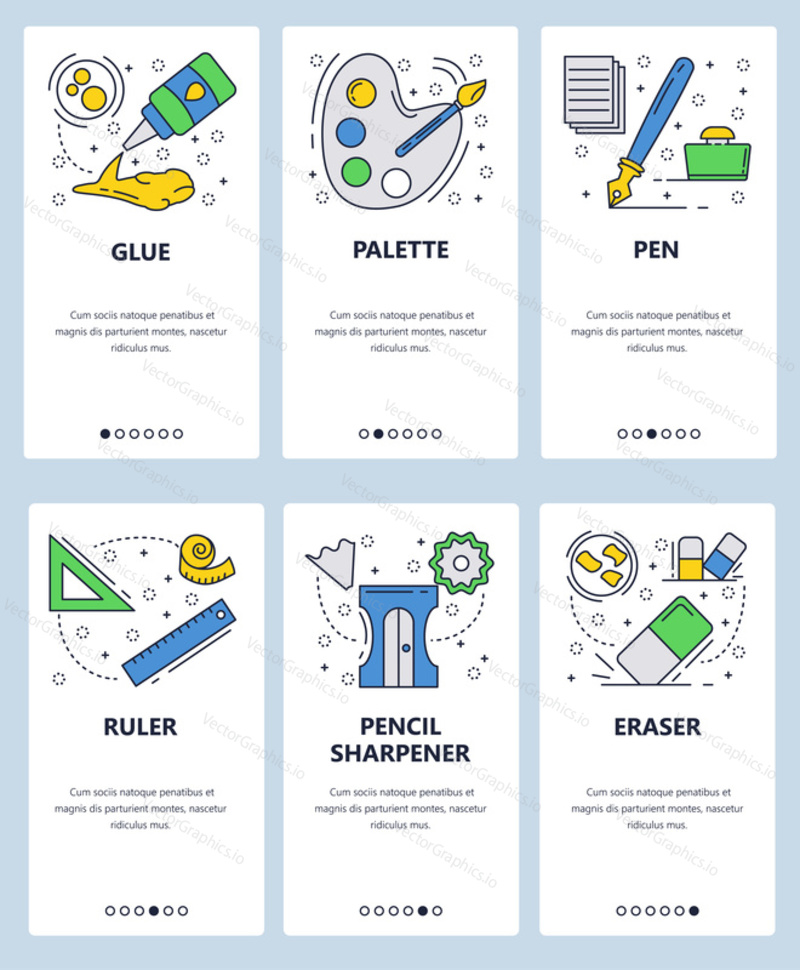 Vektor webové stránky lineární umění onboarding obrazovky šablony. Příslušenství umělecké školy. Kancelářské potřeby, paleta, Tužka, Pravítko. Bannery nabídky pro vývoj webových stránek a mobilních aplikací