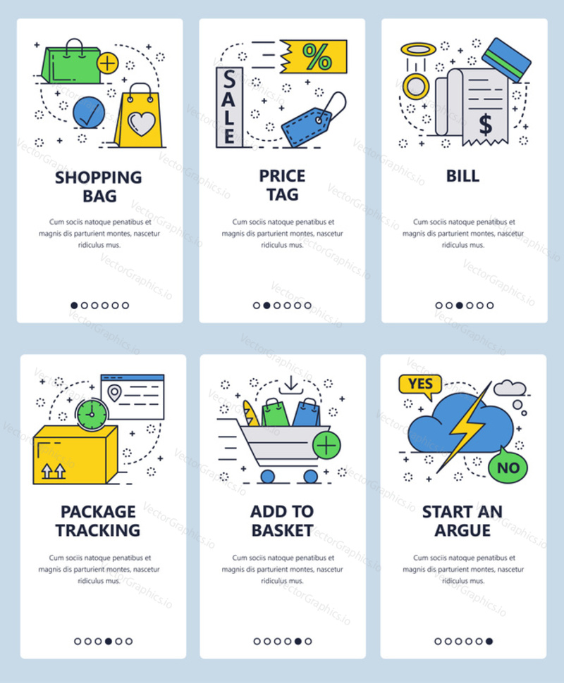 Vector web site linear art onboarding screens template. Shopping and delivery, price tag, bill, basket. Menu banners for website and mobile app development.