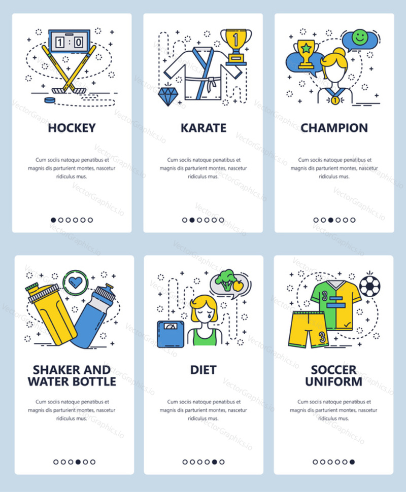 Векторный веб-сайт linear art onboarding screens template. Профессиональный спорт, хоккей, каратэ, футбол. Фитнес-диета и пищевые добавки. Баннеры меню для разработки сайтов и мобильных приложений