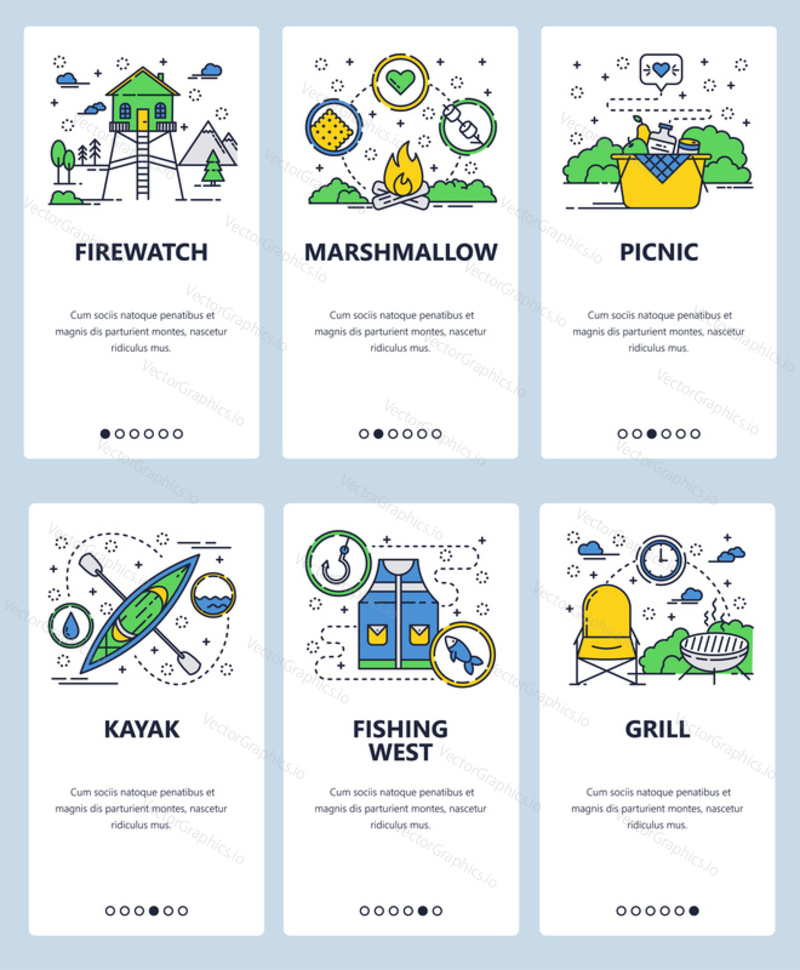 Векторный веб-сайт linear art onboarding screens template. Значки кемпинга на открытом воздухе, пикника и спортивных мероприятий. Рыбалка, каякинг. Баннеры меню для разработки веб-сайтов и мобильных приложений.