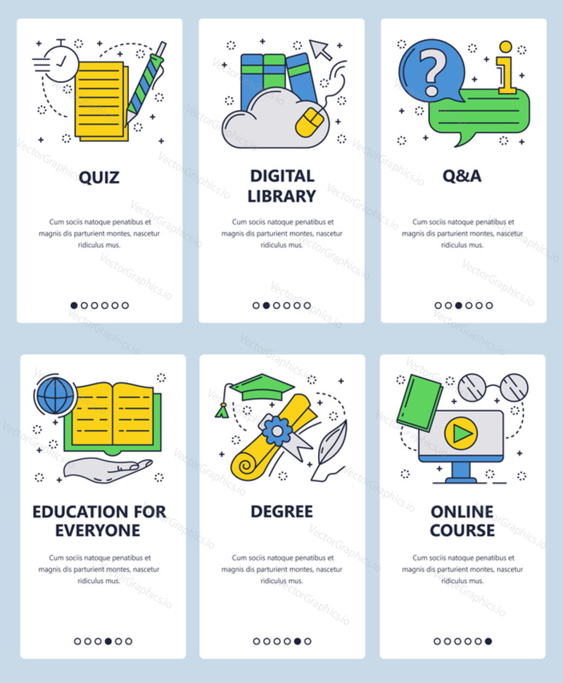 Векторный веб-сайт linear art onboarding screens template. Онлайн-обучение и учебные пособия. Получите диплом о высшем образовании в Интернете. Баннеры меню для разработки веб-сайтов и мобильных приложений