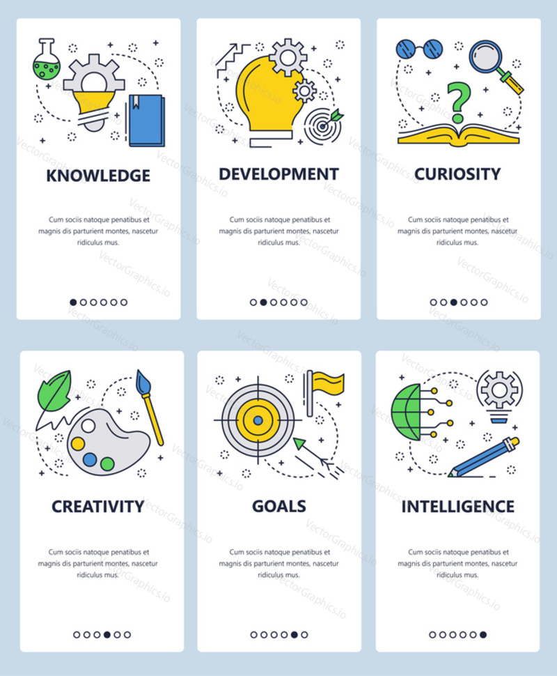 Vector web site linear art onboarding screens template. Knowledge, curiosity, intelligence and creativity. Menu banners for website and mobile app development
