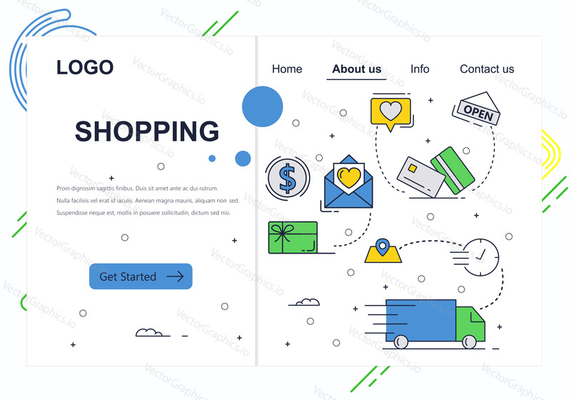 Vector web site linear art design template. Online shopping, money payment and package delivery. Landing page concepts for website and mobile development