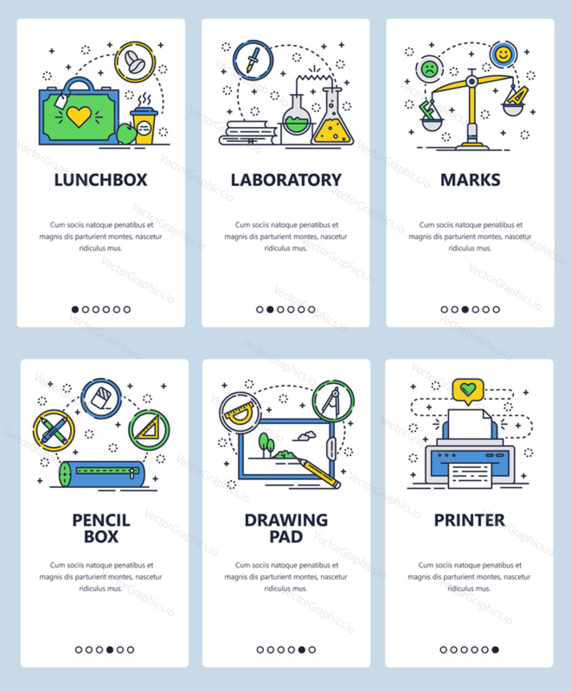 Vektor webové stránky lineární umění onboarding obrazovky šablony. Školní doplňky a ikony. Laboratoř chemie, testovací stupně, tiskárna. Menu bannery pro webové stránky a vývoj mobilních aplikací.