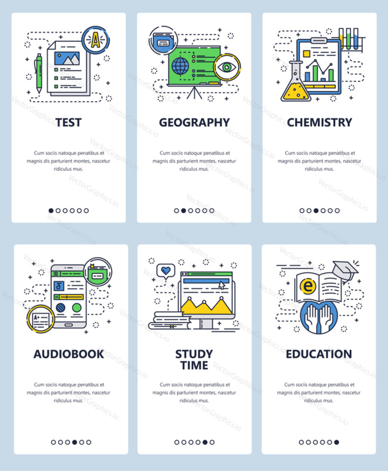 Векторный веб-сайт linear art onboarding screens template. Школьное образование, география, химия. Экзаменационный балл. Аудиокнига. Баннеры меню для разработки веб-сайтов и мобильных приложений.