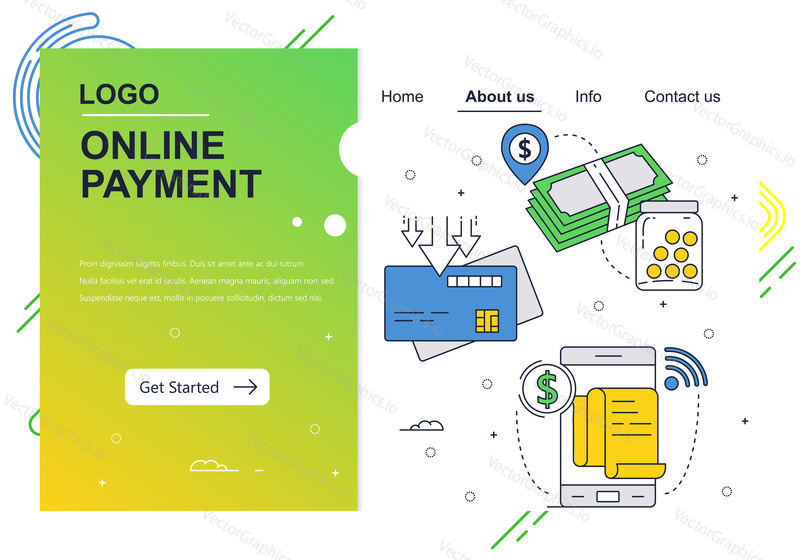 Vector web site linear art design template. Online money payment and new banking technology. Fintech concept. Landing page for website and mobile development. Modern flat illustration