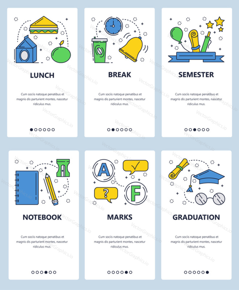 Векторный веб-сайт linear art onboarding screens template. Школьный обеденный перерыв, выпускной и семестровый тест reuslts. Баннеры меню для разработки веб-сайтов и мобильных приложений.